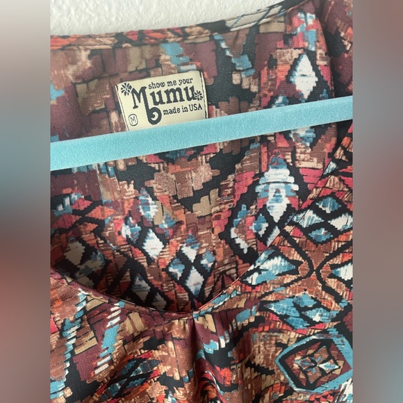 Show Me Your Mumu Bell Sleeve V-Neck Boho Aztec Print Blouse Top Brown M - Picture 4 of 7